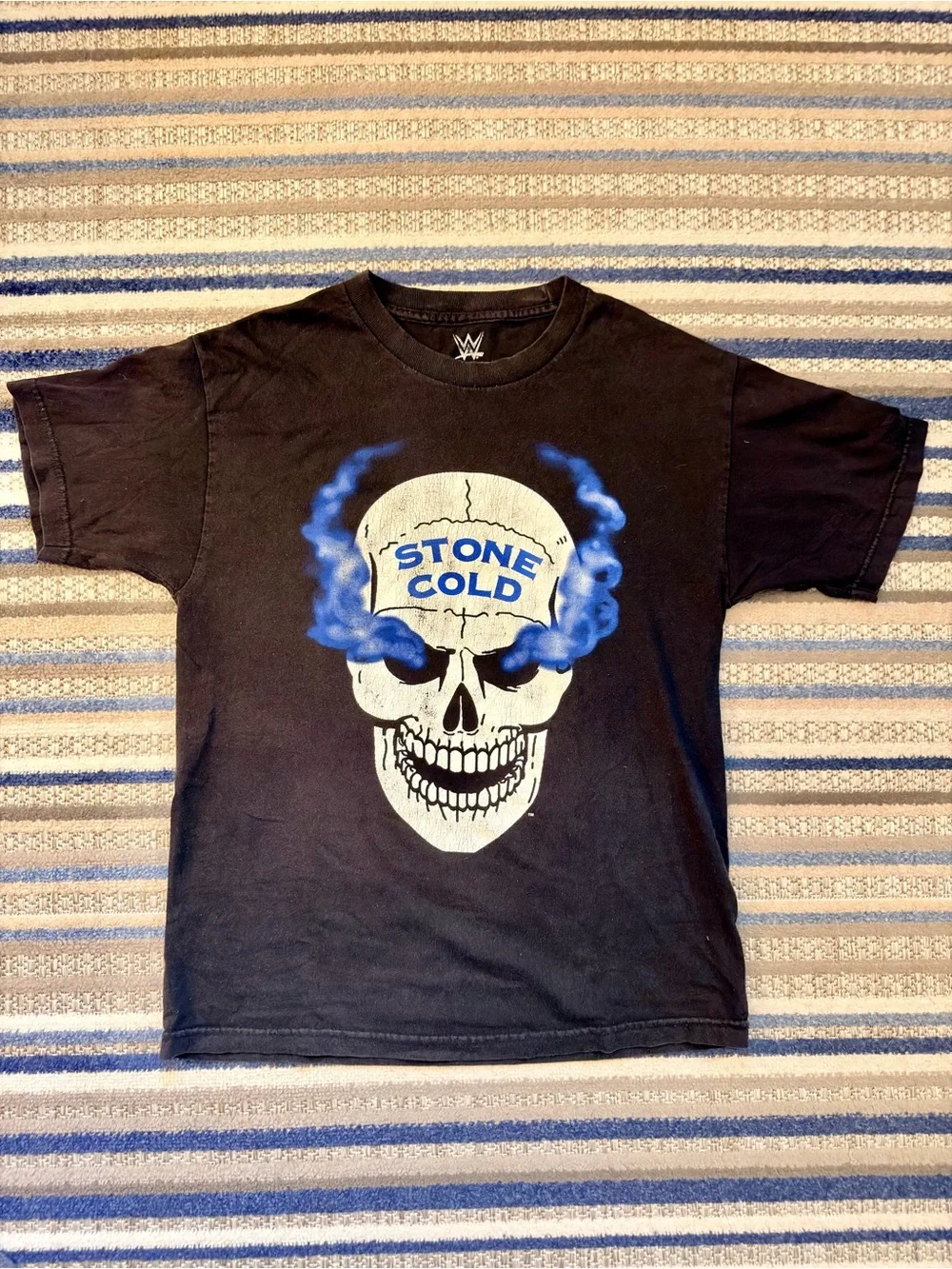 Stone Cold WWE Black Crewneck Tee with White Skull Logo Print